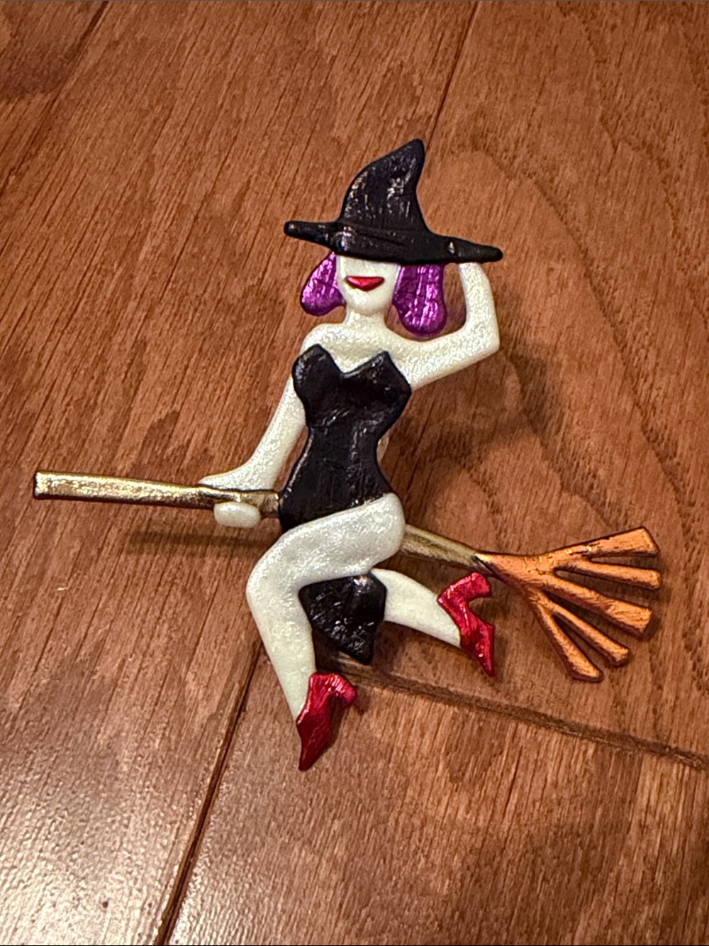 Vintage WICKED Witch on Broomstick Brooch Pin - Black, Purple, Red